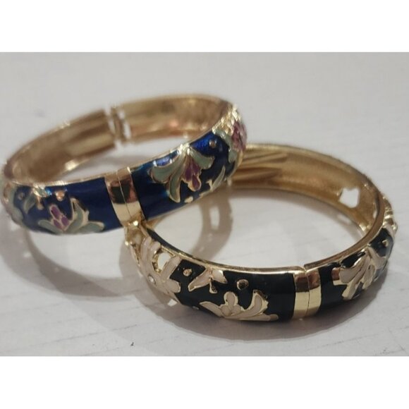 2 Jiu Long Xing Cloisonné Bangle Cuff Bracelet Spring Hinge Enamel Floral vintag - Picture 1 of 15